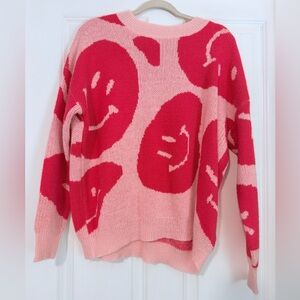 Altar'd State Pink and Red Smiley Sweater